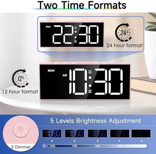 Digital Alarm Clocks,Large Big Numbers Cute clocks for Bedrooms,college dormitories,Teens,Modern D??cor Plug in Clock with USB Charger Port Adjustable 3-Levels volume,5 Dimmers,Battery Backup (Pink)