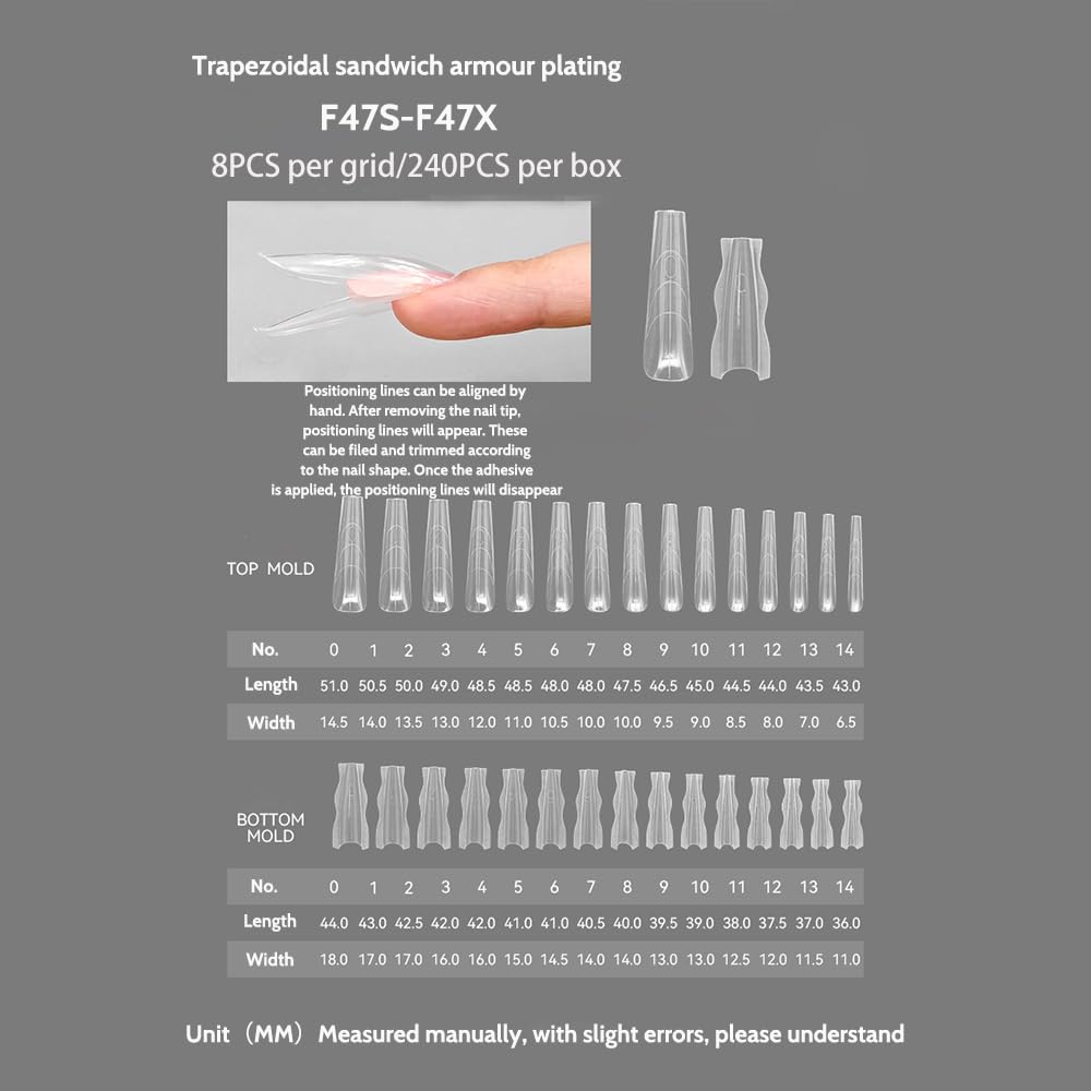 Klimonla Sandwich Dual Nail forms Professional Sandwich Dual Forms-240Pcs Long Stiletto Nail Mold for Fast Extension,15 Sizes Reusable Salon Manicure Tools (240pcs F47s)