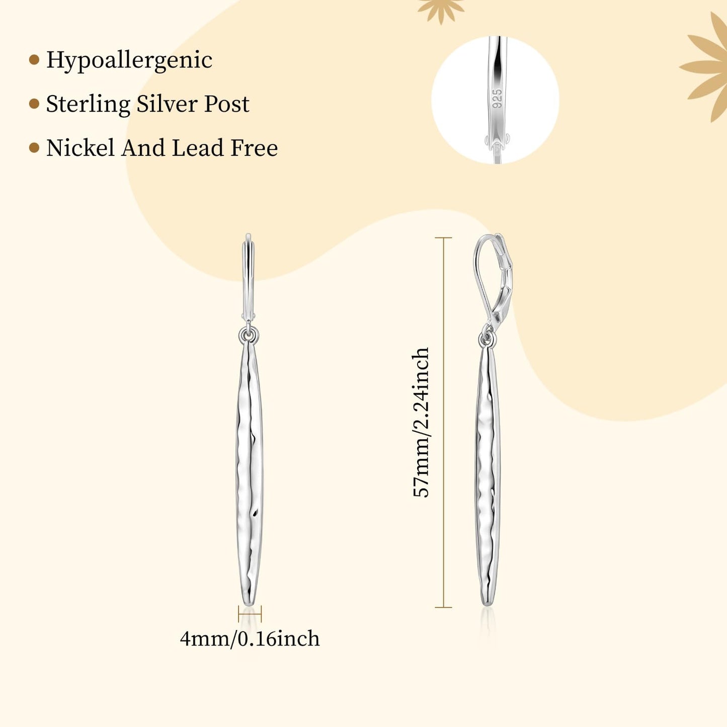 Hammered 925 Sterling Silver Dangle Earrings for Women Lightweight Leverback Drop Earrings Jewelry Gift