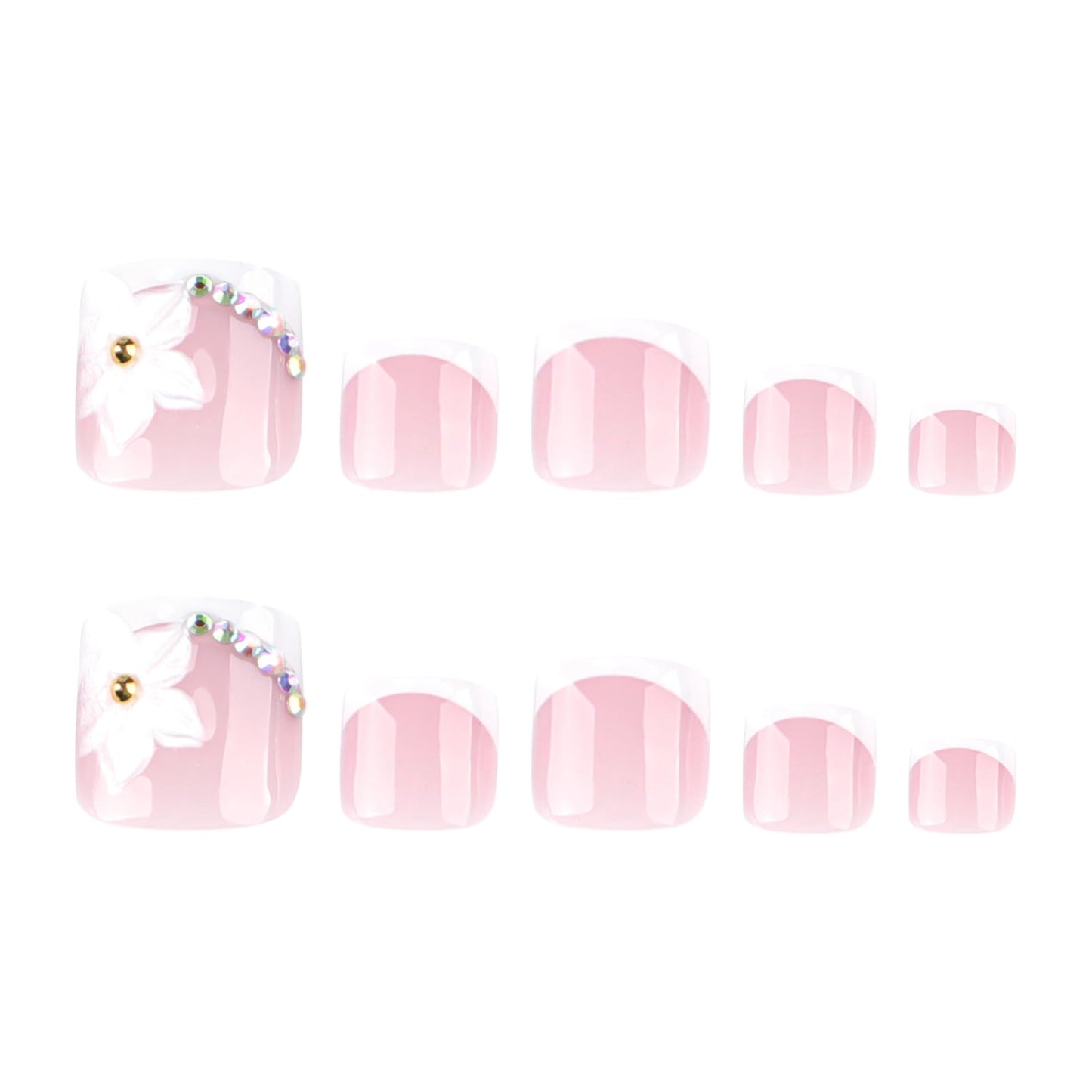 French Tip Press on Toenails Short Square Fake Toe Nails White Flower False Toenails 3D Floral Toe Press on Nails with Rhinestones Design Glossy Pink Acrylic Toenails Summer Nails for Women 24Pcs