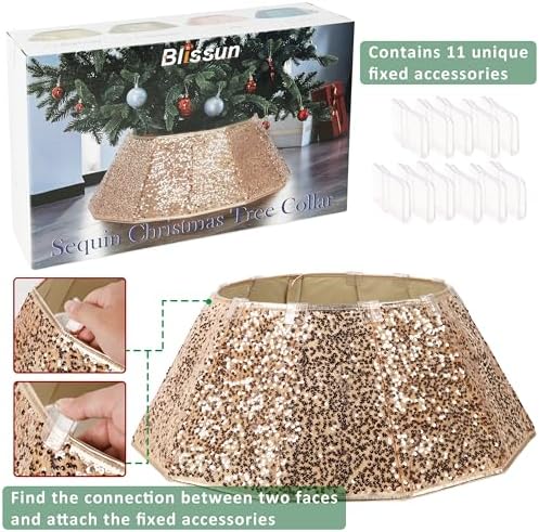 Blissun Sparkling Champagne Gold Christmas Tree Collar – Color Shifts with Light – 25.2″ Bottom / 14.9″ Top Foldable Base Cover
