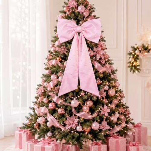 HunnmingRe 24x43 in Satin Bow with Pearl Christmas Tree Topper,Pink
