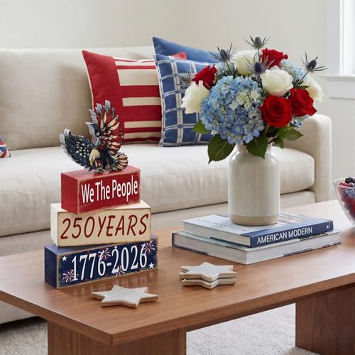 GlikCeil 4 Pcs 250th Anniversary Table Decoration 4th of July Tiered Tray Decor Eagle Patriotic Wooden Block Sign 1776-2026 Independence Day Centerpiece Rustic Star Tabletop Eagle Decor for Indoor - style: Eagle