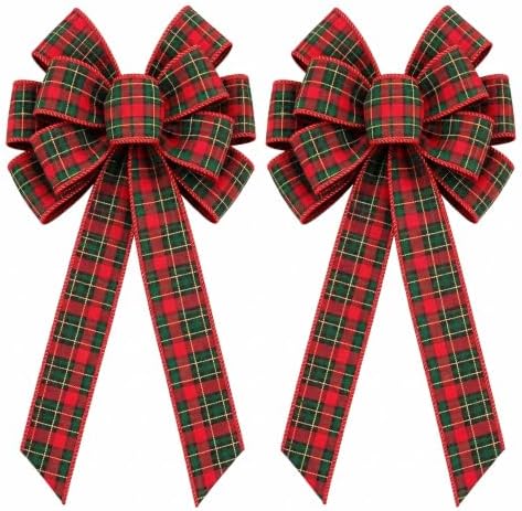 2 Pack Christmas Plaid Bows, 19.6 Inch Wreath Bows for Rustic Holiday Decor