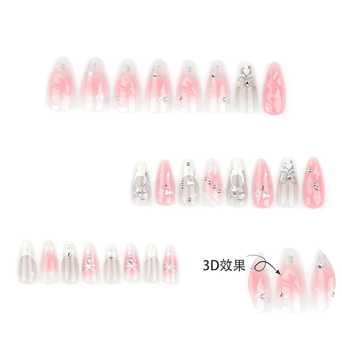 Pink Press on Nails Medium Almond False Nails Gradient Pink White Nails with Silver Bow & Rhinestone Design French Tip Fake Nails Reusable 3D Bow Glue on Nails for Women Party Wedding Manicure 24Pcs