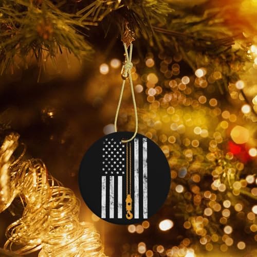 Holiday Ceramic Ornament, Lifting Hook Thin American Flag Crane Operator, Double-Sided Round Pendant, Ideal Christmas Decoration
