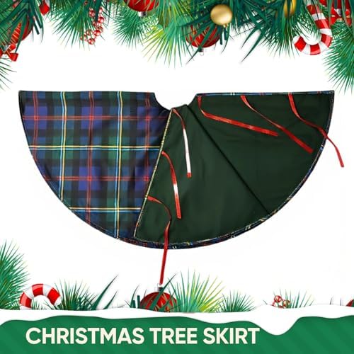 Malcolm Tartan Blue & Green Printed Christmas Tree Skirt, 36 Inch