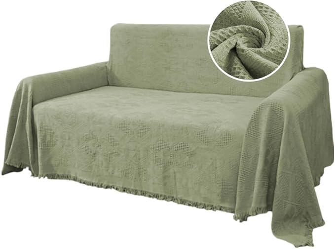 H.VERSAILTEX Cotton Sofa Covers Couch Cover Sofa Slipcover for Most Shape Sofas, Feature Thick Woven Jacquard Seamless with Tassels, Multi-Use Decorative for Couch (Large: 71" x 102", Sage)