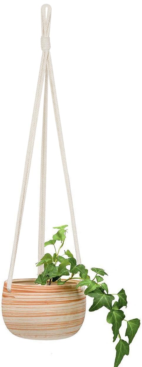 Mkono Ceramic Hanging Planter Macrame Plant Holder 5 Inch Cute Succulent Cactus Pot with Cotton Rope Hanger for Indoor Outdoor Decor, 1 Pack