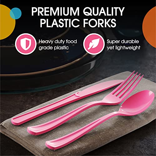 Party Solids Hot Pink Disposable Plastic Forks, 200 Pcs, 7.5 Inch, Heavy Duty, Hot Pink, Plastic Silverware - color: Cerise