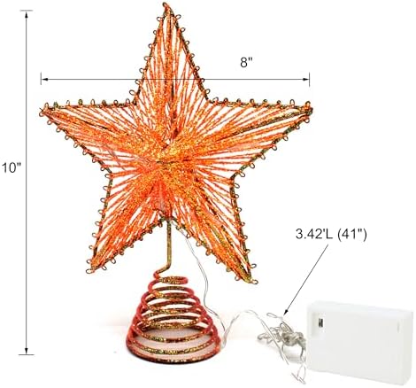 CVHOMEDECO. Orange Glittered 3D Tree Top Star with Warm White LED Lights and Timer for Christmas Tree Topper Decoration and Holiday Seasonal D??cor, 8 x 10 Inch
