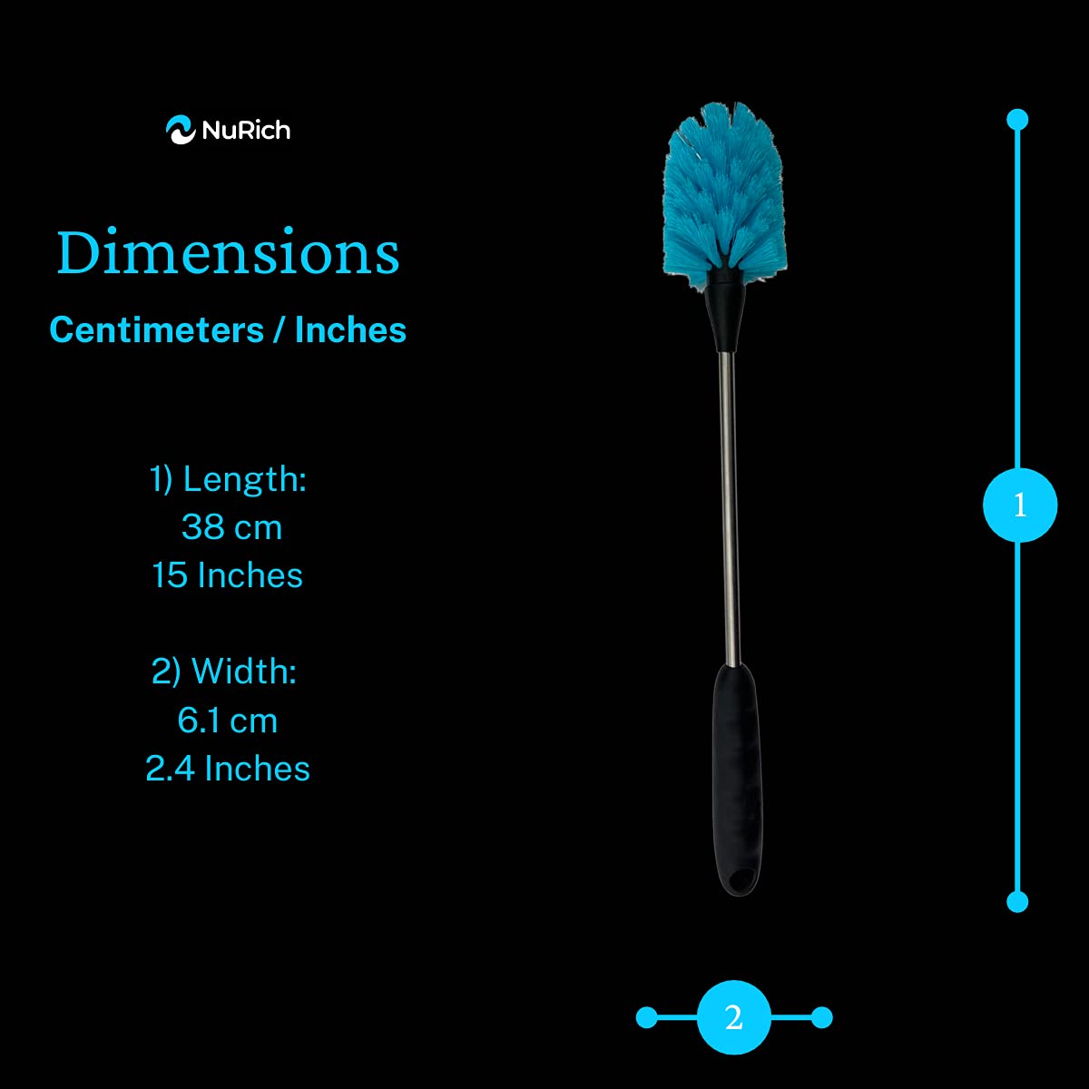 NuRich Long Bottle Brush for Water Bottles - Heavy Duty Stainless Steel Cleaning Brush with Non-Slip Grip, Compatible with Hydro Flask, Yeti, Nalgene, Owala & More Reusable Bottles