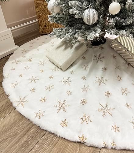 AOGU 60 Inch Sequin Faux Fur Christmas Tree Skirt Decoration for Merry Christmas Party White Plush Gold Sequin Snowflake Xmas Christmas Tree Skirt Decorations