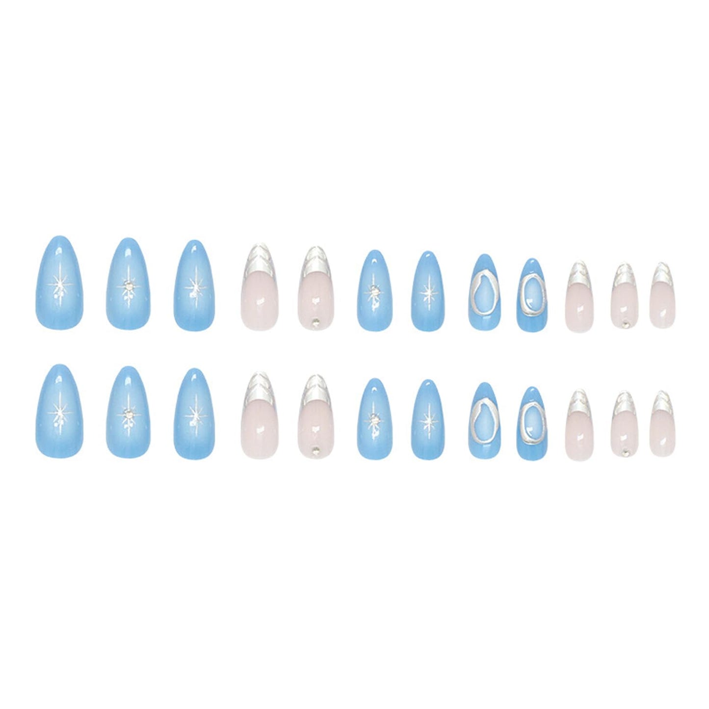 24Pcs Handmade Blue Press on Nails Medium Almond with 3D Crystal Rhinestones Design, Sparkling Star Fake Nail Tips Y2k Gradient Blue French Style Silver Star Sweet Almond Shape False Nails for Women