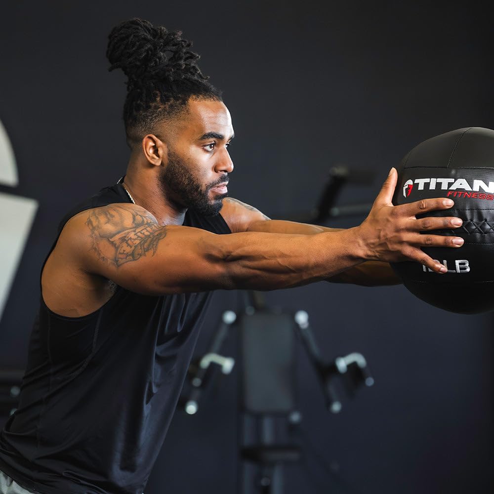 Titan Fitness 18 LB - 30 LB Soft Shell Medicine Wall Ball with Poly-Composite Laminate Cross Texture Non-Slip Grip for Throwing, Core Strength, Floor Exercises, Stretching