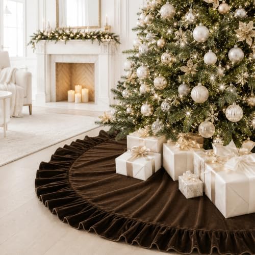 Christmas Tree Skirt,Velvet Tree Skirt with Ruffled Edge, Classic Large Velvet Fur Plush Tree Skirt for Merry Christmas(Brown,48Inch)