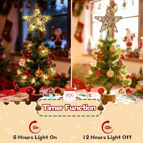 Christmas Tree Topper Rustic Christmas Tree Topper Star 6 Inch, Battery Operated Lighted Jute Rattan Star Warm White Light Christmas Tree Decoration for Small Tabletop Christmas Trees
