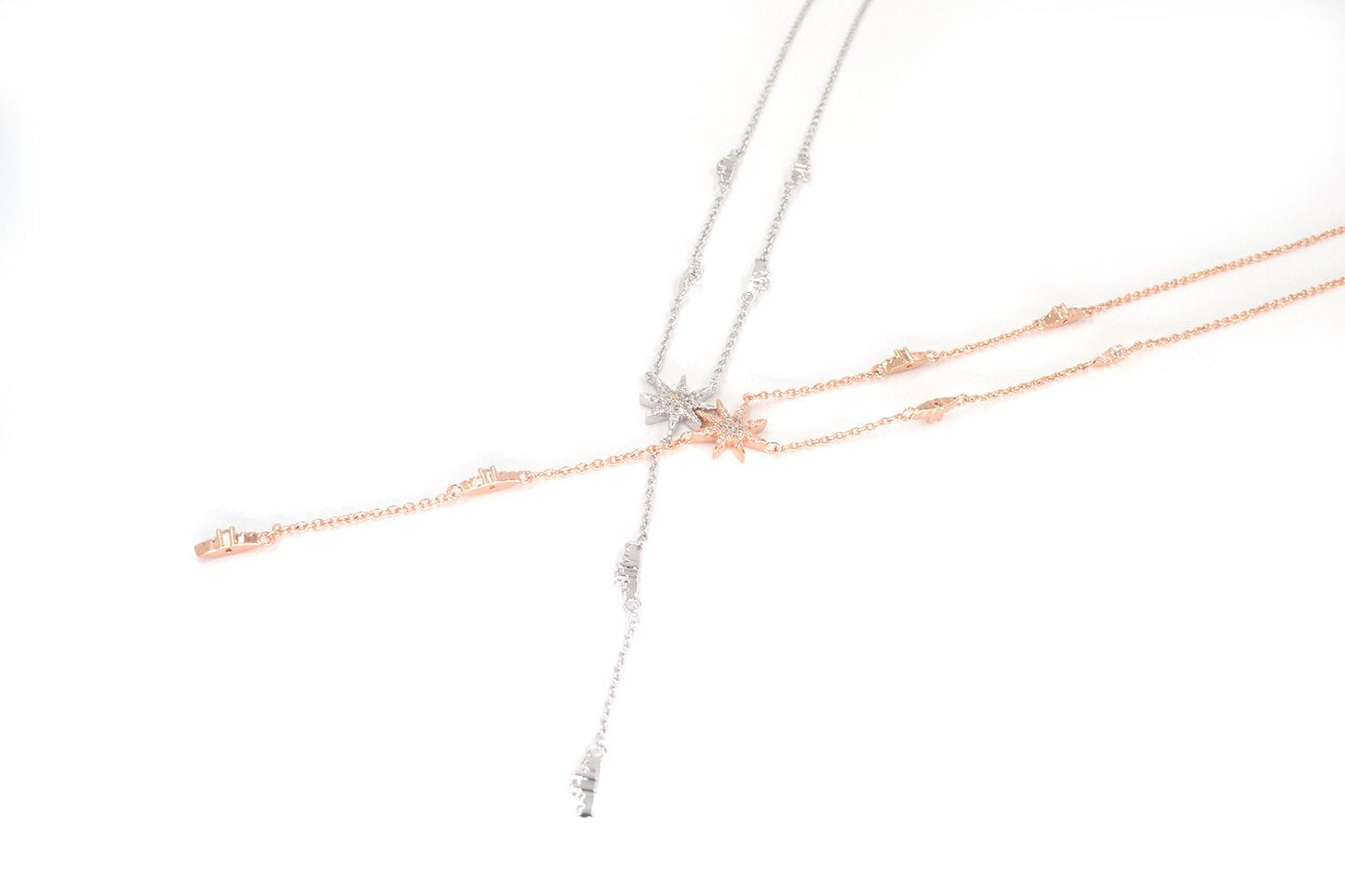 espere Star Drop Y Shaped Lariat Necklace Plated with 14K Rose Gold