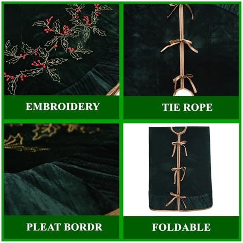 X.Sem Holly Leaf Embroidered Velvet Christmas Tree Skirt with Pleat Velvet Border 50'' (Dark Green, 50 inch)