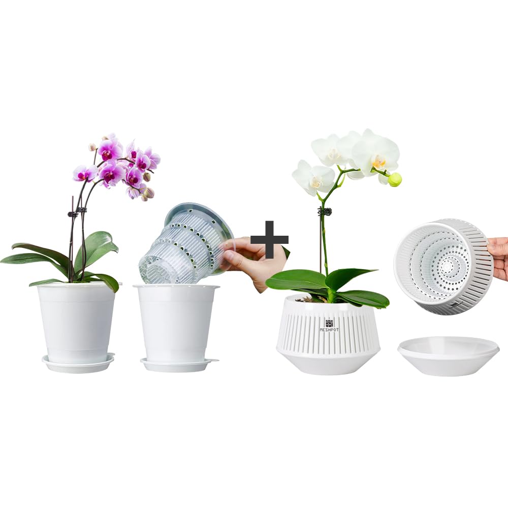 Meshpot 2Pcs 4 inch Clear Orchid Pots with Holes Match White Plastic Orchid Planter & 5 inch White Decorative Orchid Pot