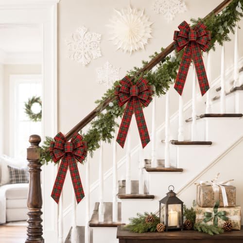 2 Pack Christmas Plaid Bows, 19.6 Inch Wreath Bows for Rustic Holiday Decor