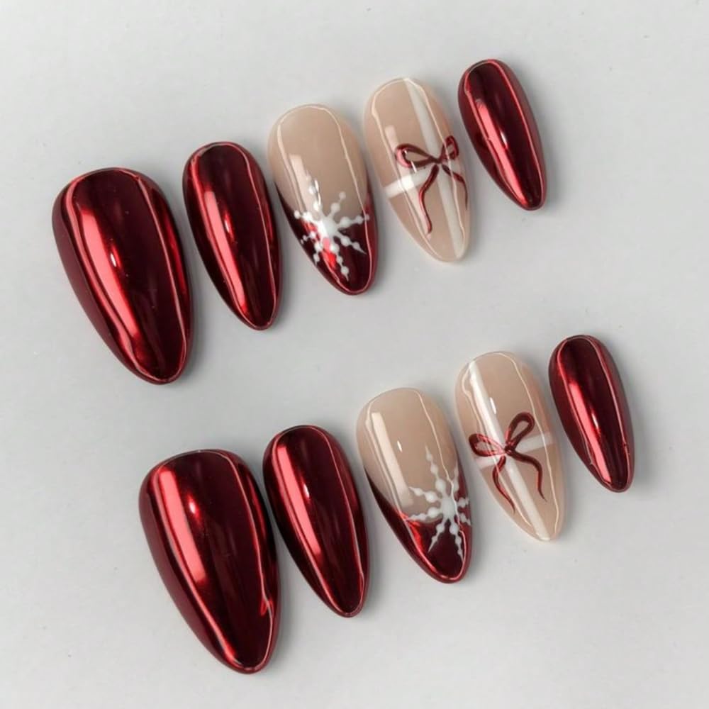 Press On Nails - MAGLFELL Red Handmade nails Medium Length Almond press-ons,10Pcs Red Cute 3D Reusable Acrylic Artificial stick ons for Women (Size S)