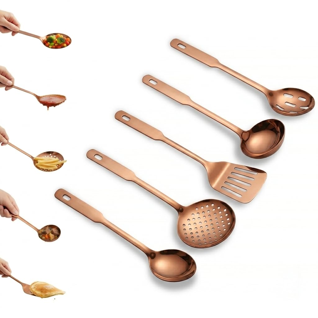 Amco 5-Piece Stainless Steel Cooking Utensil Set, Copper Finish - Includes Kitchen Ladle, Slotted Turner, Skimmer, Solid Spoons - 14" with Hanging Holes for Easy Storage, Durable Kitchen Gadgets