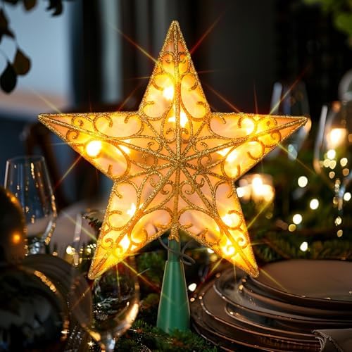 Dazzle Bright 11'' Star Tree Topper, Glitter Christmas Tree Top with 10 Lights, Xmas Tree Decoration (Gold)