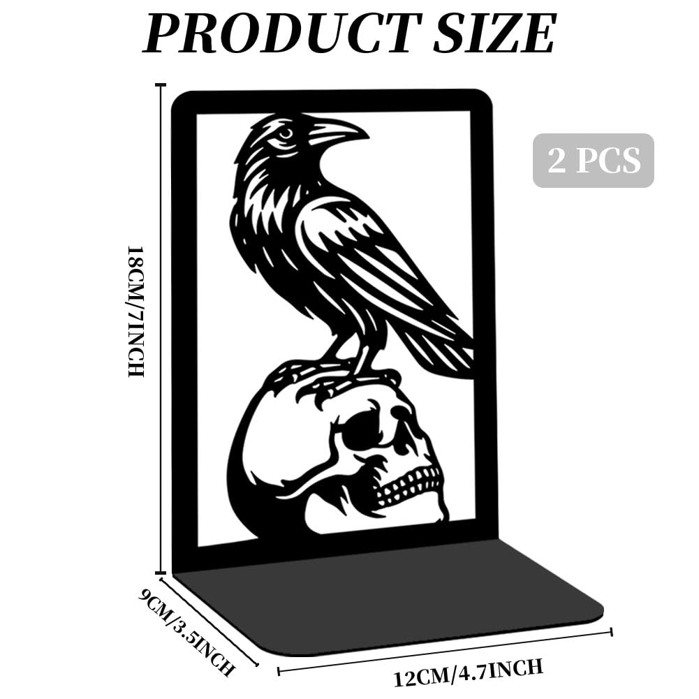 BEUNITONE Raven and Skull Decor Gothic Metal Bookends for Shelves, Office Desk Organizer Book Ends for Heavy Books, Home Office Desk Bookshelf Decor Gift for Gothic Lovers and Reading Enthusiasts