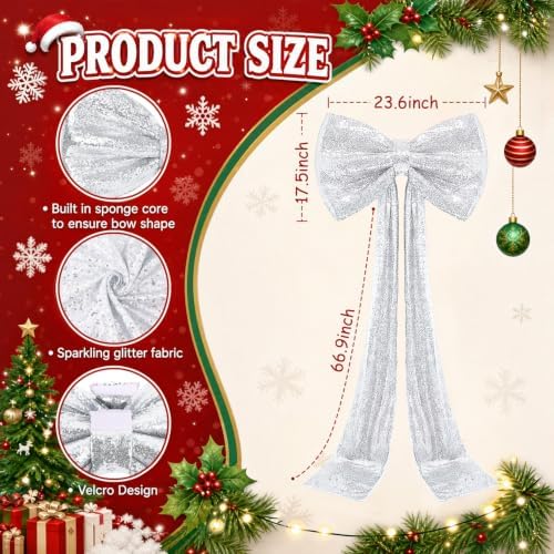 Giant Bow Decoration Silver Sequin Christmas Tree Bow 75 x 23 Inch Sparkle Large Bow with Long Ribbon Coquette Big Bows Decor for Xmas Tree Topper Mantel Display Holiday Porch Trim