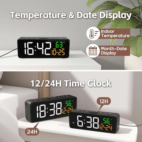Netzu 3-in-1 Digital Clocks for Living Room, Small & Compact Alarm Clock | Temperature, Date & Time Display, 4 Birghtness, 3 Volumes, Plug-in, for Bedroom, Office