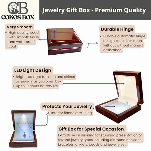 Necklace Box with LED Light – Small Jewelry Display Case for Bracelet, Earrings, or Chains – Luxury Lighted Wooden Presentation Box for Gifts, DIY Crafts, Mahogany, White Interior