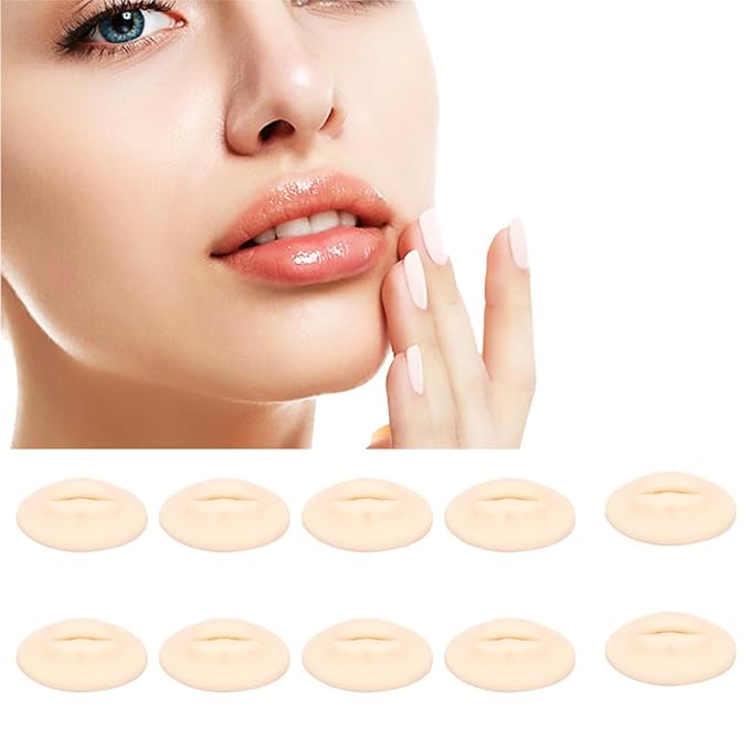 Dioche Fake Lips, 10PCS 3D Practice Silicone Lips Practice Lips Open Mouth Silicone 3D Fake Lips for Semi Permanent Training (Light Skin Colour)