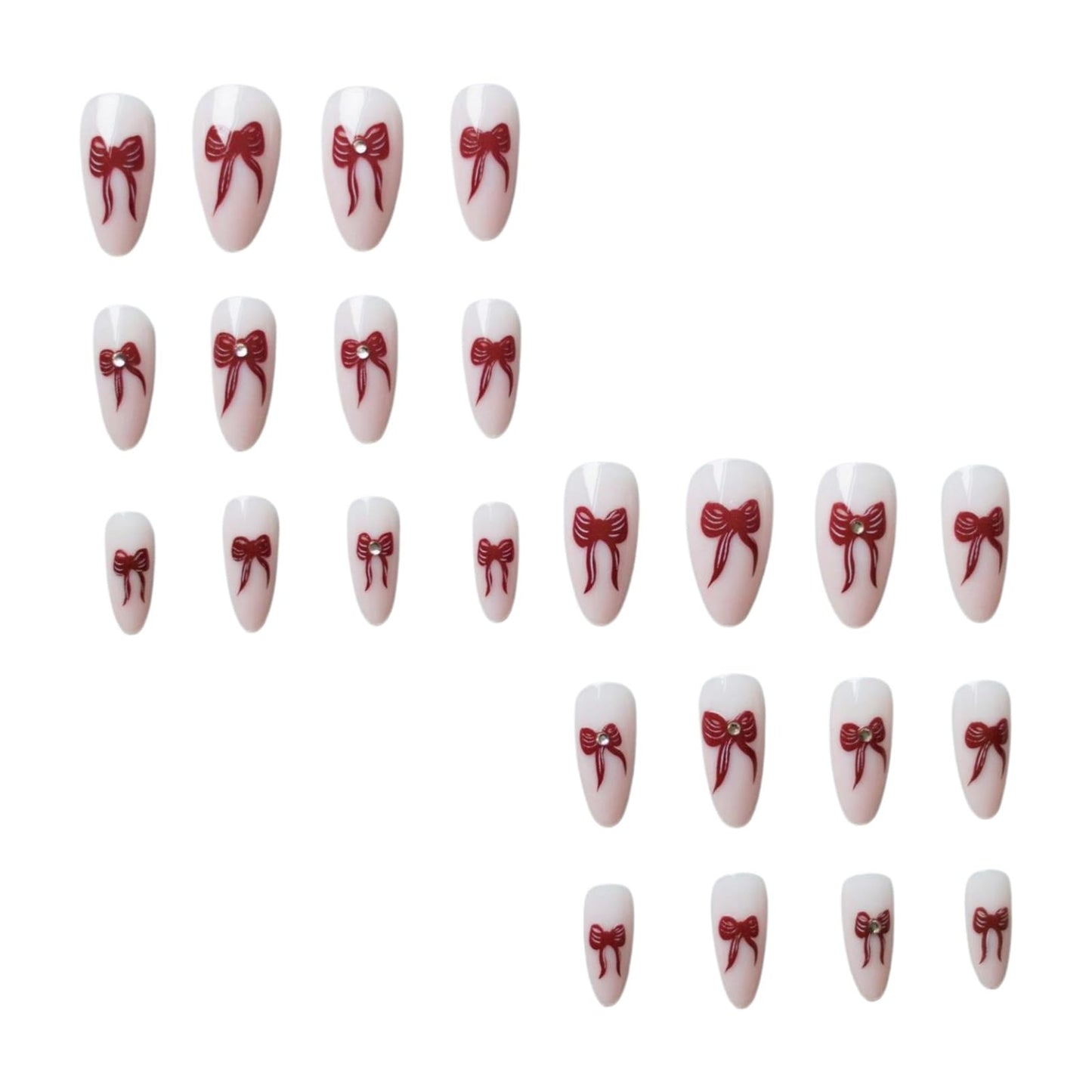 IMSOHOT Press on Nails Medium Almond Fake Nails with Red Bow Design Nude Glossy Full Cover Acrylic False Nails for Women Girls Manicure 24Pcs