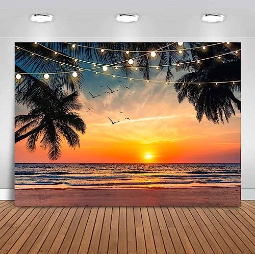 Sensfun Sea Beach Sunset Backdrop Hawaii Tropical Palm Trees Luau Party Photography Background Summer Seaside Vacation Wedding Birthday Baby Shower Party Decorations Banner Photo Booth Props 10x7ft - size: 10x7ft