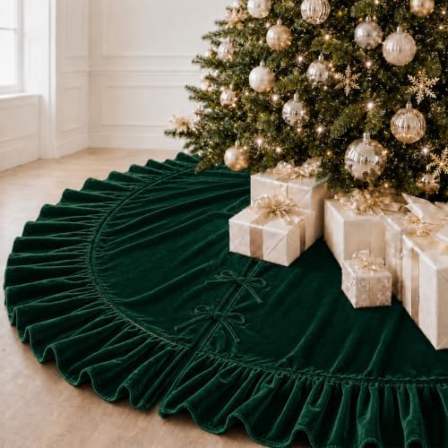 Christmas Tree Skirt,Velvet Tree Skirt with Ruffled Edge, Classic Large Velvet Fur Plush Tree Skirt for Merry Christmas(DarkGreen,48Inch)