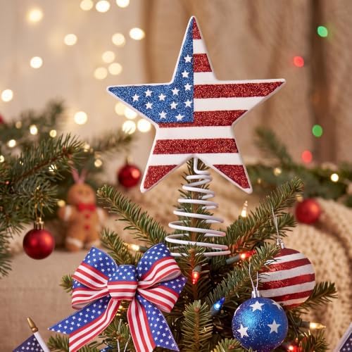 Gejoy 6 Inch Patriotic Tree Topper Glitter Star Tree Topper Patriotic American Flag Red White Blue Trees Decor for Indoor Outdoor Home Office Decor