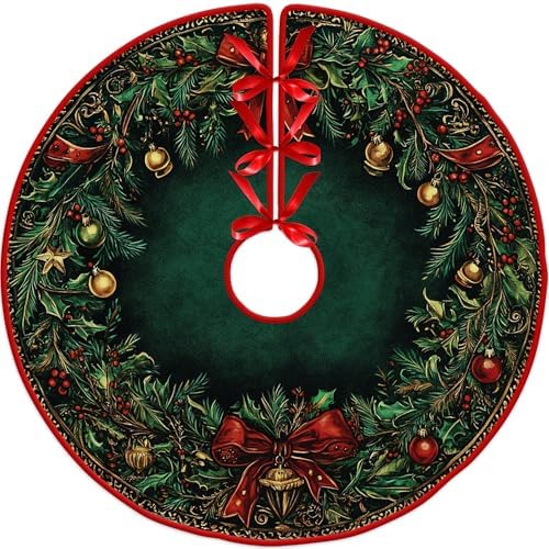 Leaves and Ribbons Christmas Tree Skirt 48 Inch by Leo Walker, Christmas Ribbon Holly Winter Holiday Tree Mat Decoration