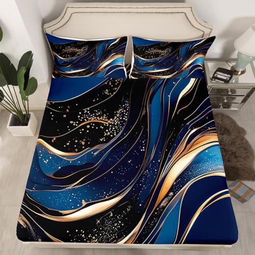 Feelyou Geometric Bed Sheets Set Queen Size Modern Art Bedding Set for Kids Boys Girls Modern Marble Aesthetic Sheets with Deep Pocket Fitted Sheet Abstract Marble Texture Printed Bedding Set - color: Dark Blue, size: Queen