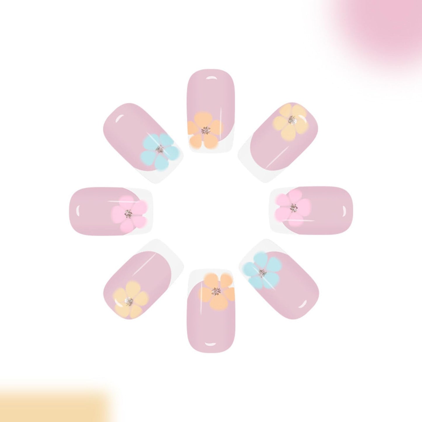 Short Square Press on Nails Light Pink Gradient Base White Edge Trims Colorful Small Flower Pink Green Drill Surface Fresh Sweet Manicure Artificial Nails Suitable for Chic Shiny 24 Pcs