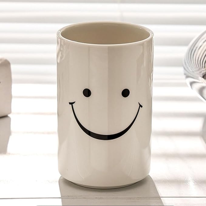 Smiley Face Ceramic Toothbrush Cup - Creative Smile Design, Practical Bathroom Cup, Perfect for Home, Dorm, or Gifts (White)