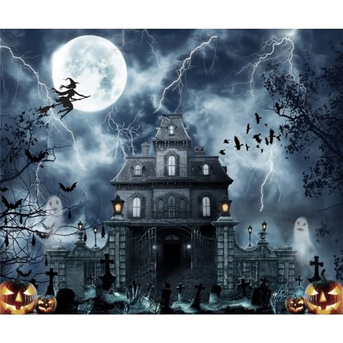 10x8ft Halloween Hunted House Backdrop for Photography Spooky Ghost Witch Backdrop Scary Moon Night Creepy Cemetery Background Photo Prop Halloween Tapestry for Wall - color: Black 25779