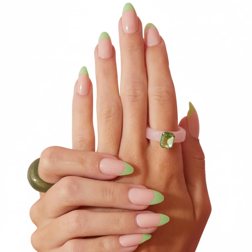 PaintLab Press On Nails - Green Apple French Tip Almond Fake Nails, 30 Nails in 15 Sizes with Glue, Reusable Salon Quality Press On Nails