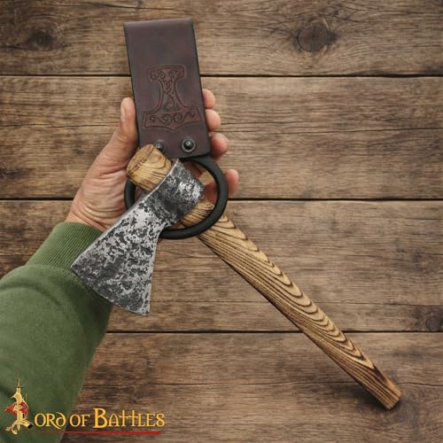 Lord of Battles Medieval Genuine Leather Axe Frog | Axe Holster with Belt Loop | Waist Holder for Axes, Tools - color: Mjolnir - Brown