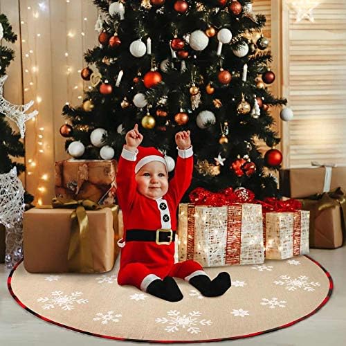 OurWarm 48 Inch Christmas Tree Skirt Red and Black Buffalo Plaid Christmas Tree Skirt, Double Sided Burlap Tree Skirt Snowflake Xmas Tree Skirt for Holiday Rustic Vintage Christmas
