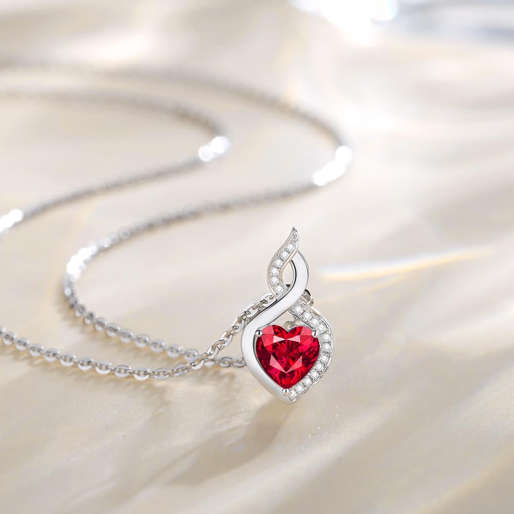 FANCIME Ruby Necklace 14K Solid White Gold Heart Pendant with Diamond July Birthstone Necklace Jewelry for Mom Women