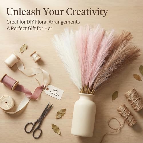 Pampas Grass Decor 30pcs 21.7 Inch, Faux Pampas Grass White Pink Brown Artificial Dried Flowers Fluffy No Shedding for Boho Wedding Home Bedroom Vase Filler - size: White Pink Brown