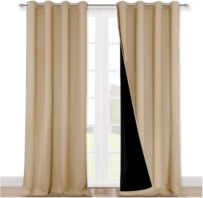 NICETOWN Thermal Insulated 100% Blackout Curtains, Sound Reducing Drapes with Black Backing, Full Light Blocking Panels for Patio Sliding Door (Biscotti Beige, 1 Pair, 52 inches x 108 inches)