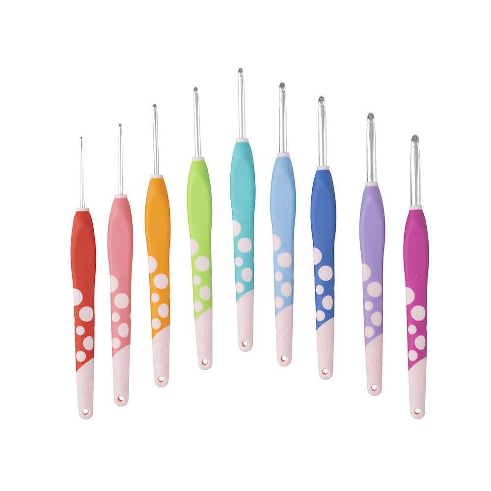 Knit Picks Dots Crochet Hook Set - Comfortable Ergonomic Handles - 9 Color Coded Sizes