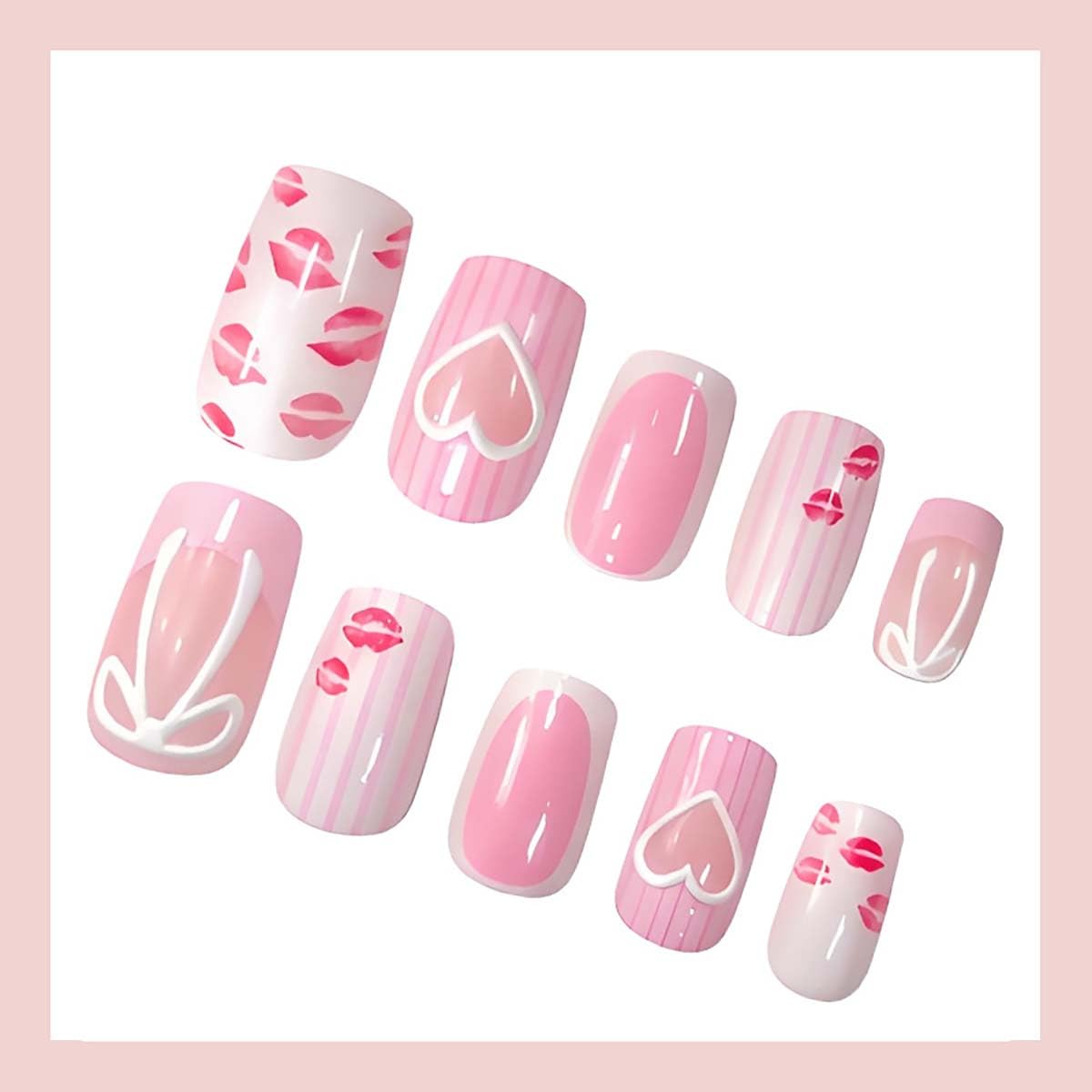 24Pcs Valentines Press on Nails Medium Square Red Lips Heart Fake Nails Bow Stripe Design Glue on Nails Pink Glossy French False Nails for Women Valentine Nail Decoration for Women Gift